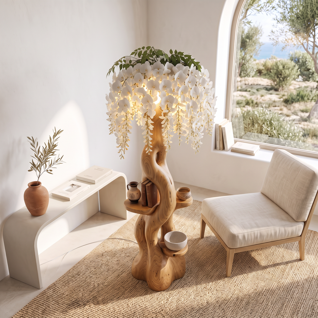 Rustic Wooden Floor Lamp With Sculptural Floral Canopy For Living Room
