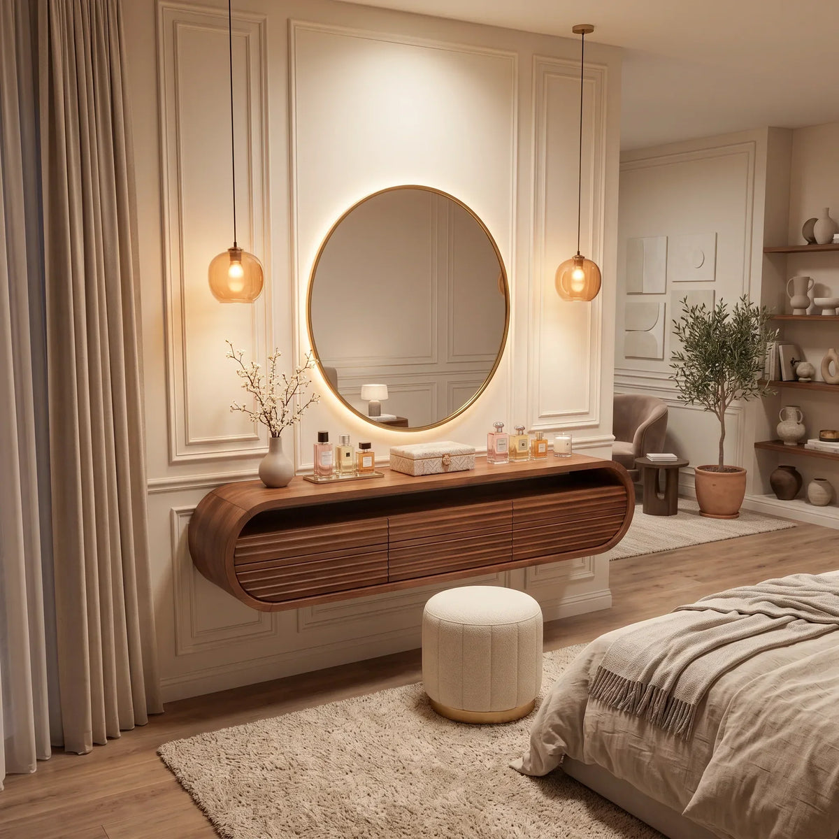 Modern Wall Mounted Dressing Table Carved Fluted Drawers For Bedroom