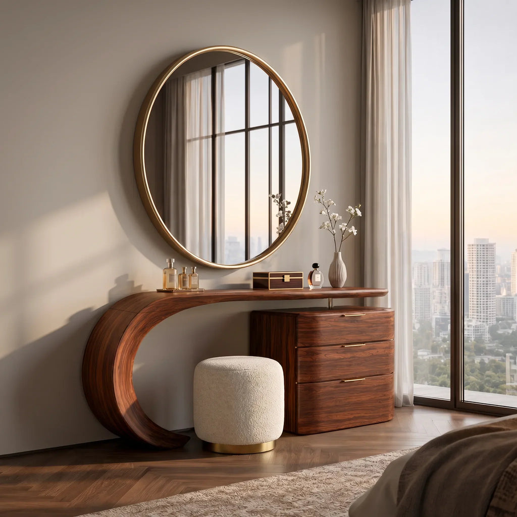 Modern Makeup Vanity Sculptural Curved Base For Luxury Bedroom