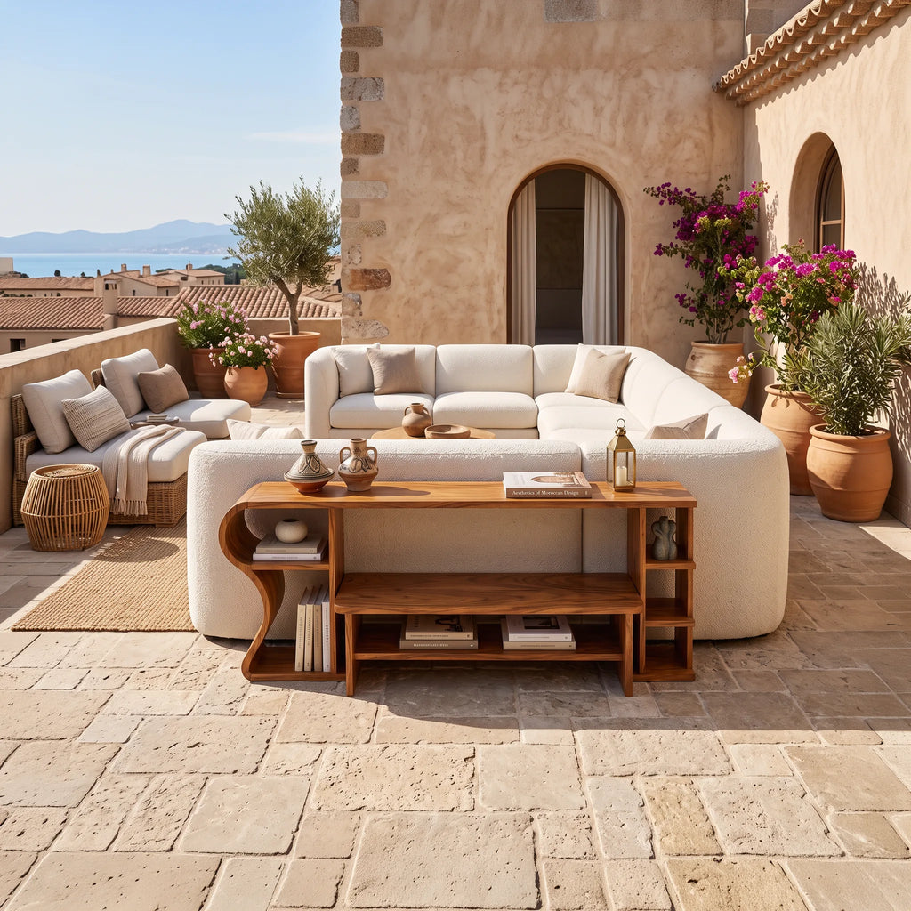 Mid Century Curved Shelf Console For Living Room