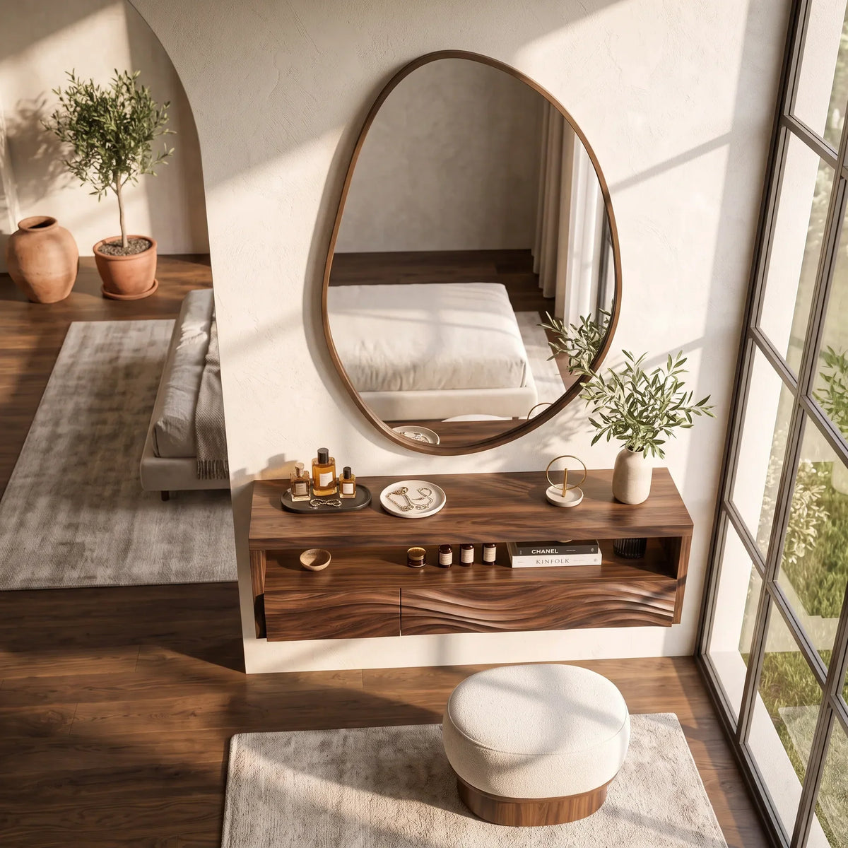 Sculptural Wall Mounted Makeup Vanity Wave Carved Drawers For Bedroom