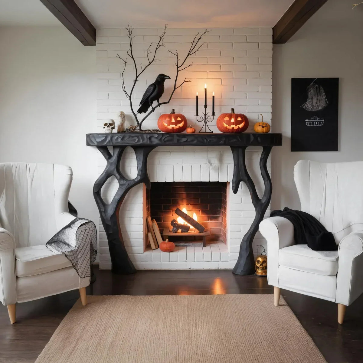 Wooden Halloween Fireplace Mantel With Branch Leg For Festive Decoration