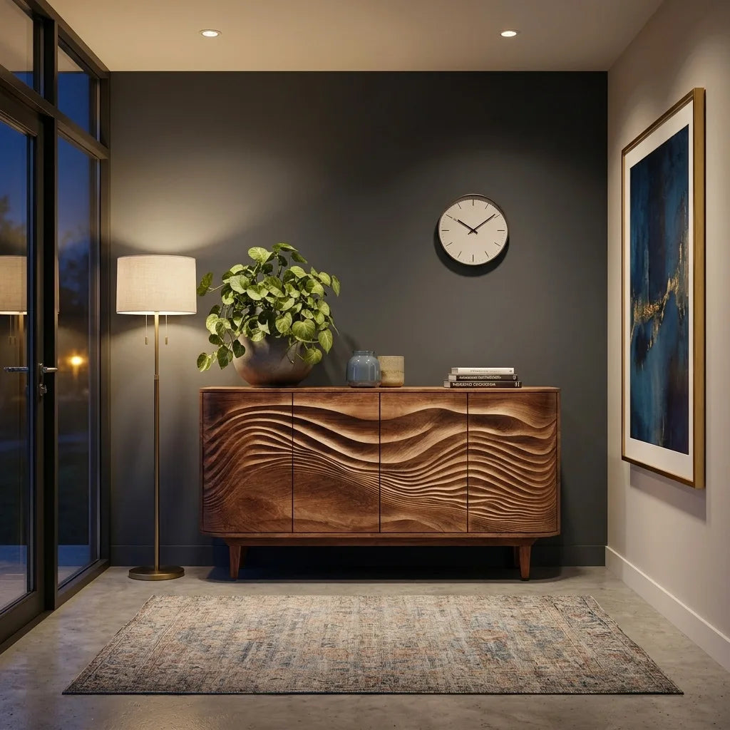 Modern Layered Wave Carved Sideboard For Living Room
