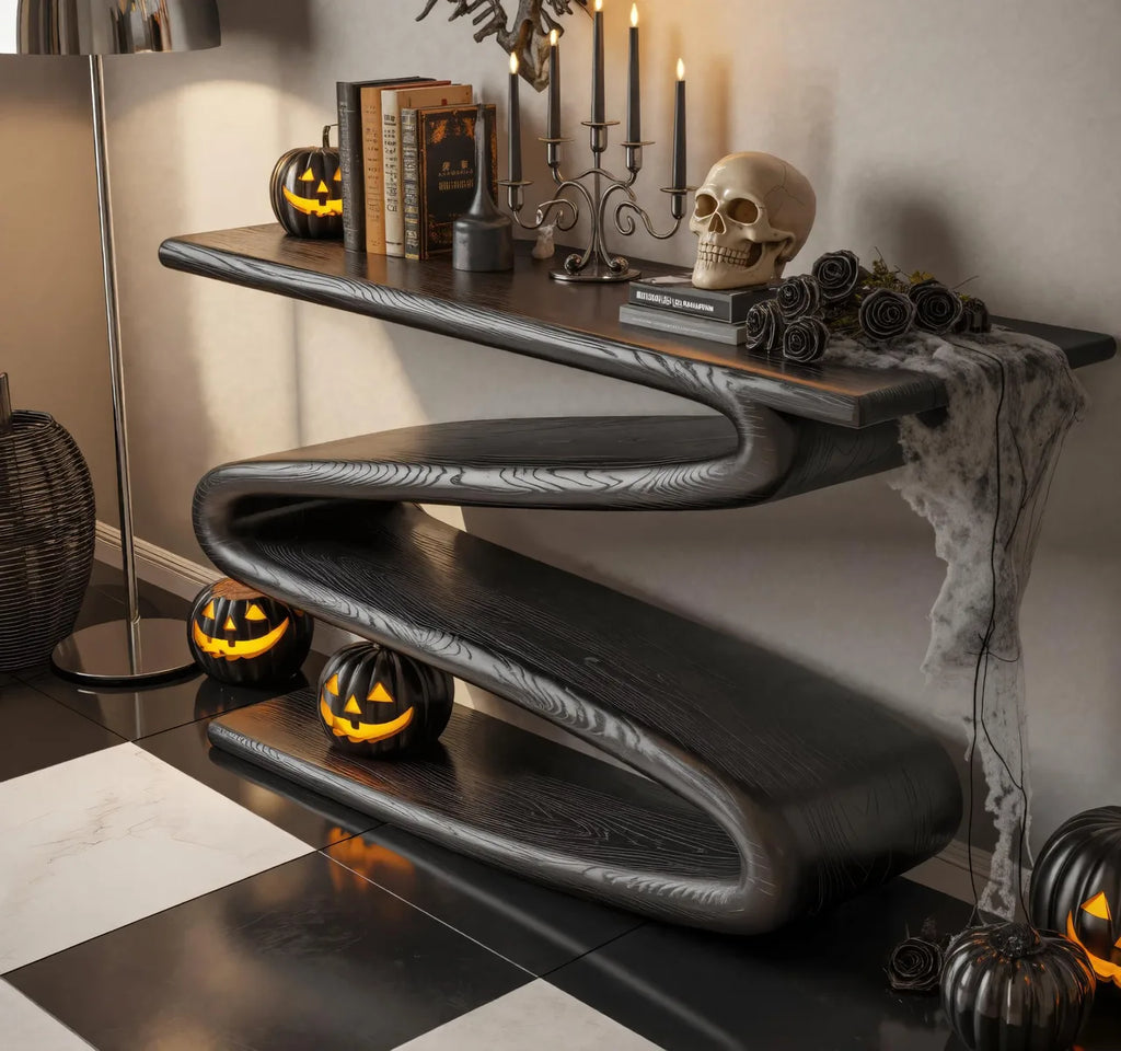 Modern Black Wooden Console Table Curved Design For Halloween Decor