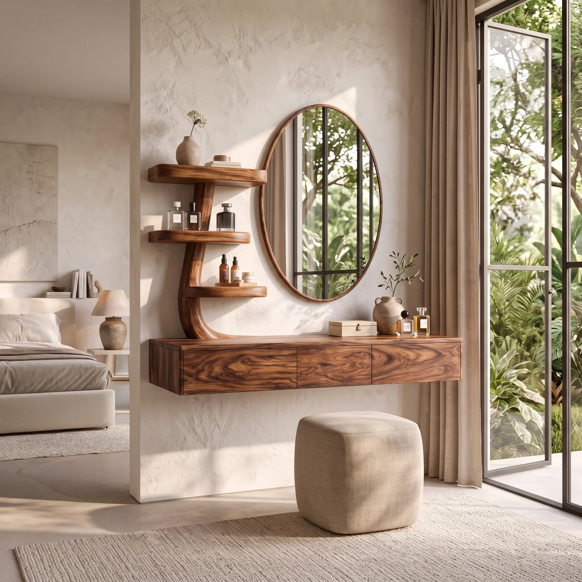 Modern Wall Mounted Makeup Vanity Sculptural Curved Shelving For Bedroom