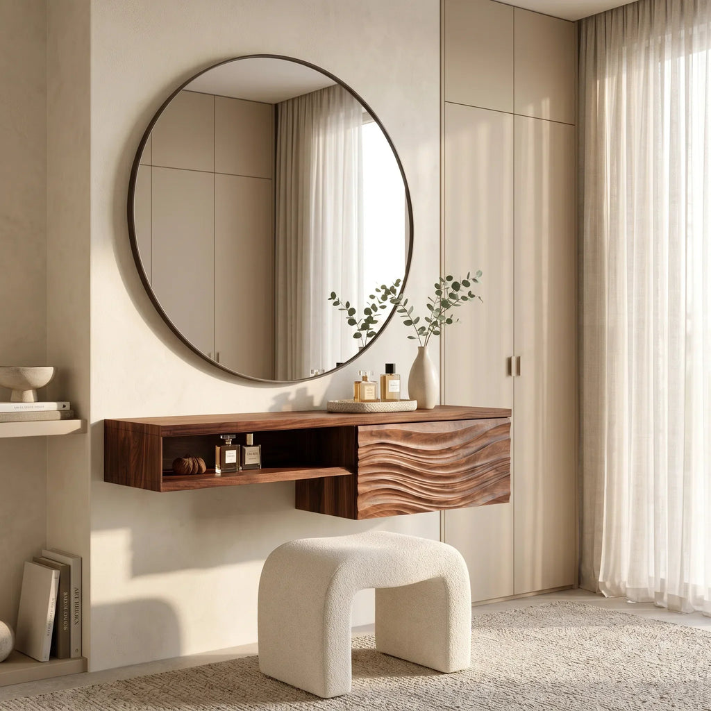 Modern Floating Makeup Vanity Wave Carved Drawers For Bedroom