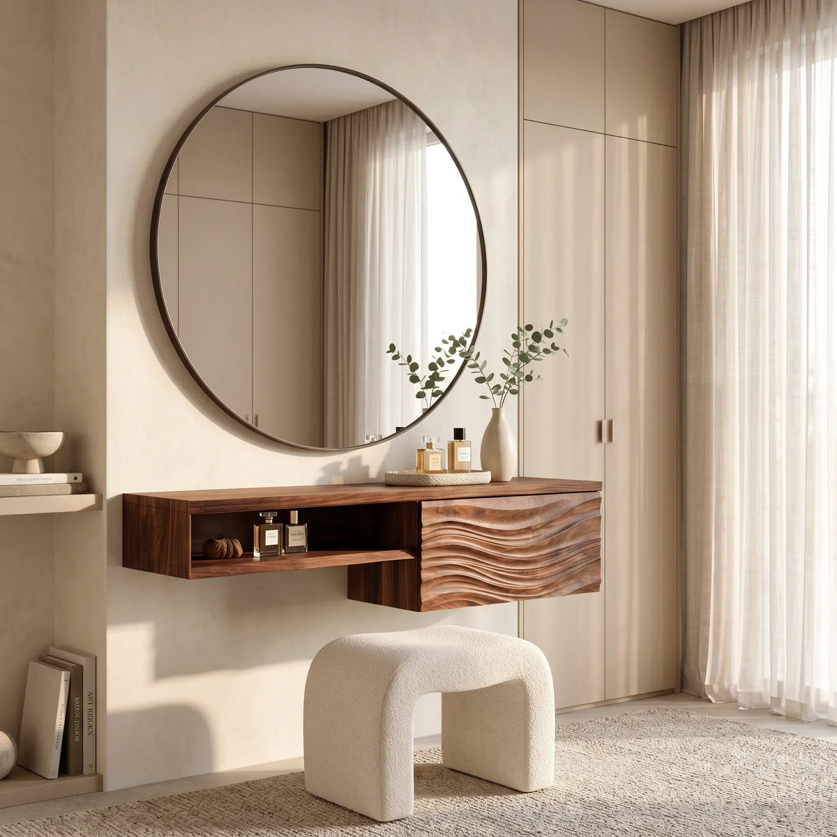 Modern Floating Makeup Vanity Wave Carved Drawers For Bedroom