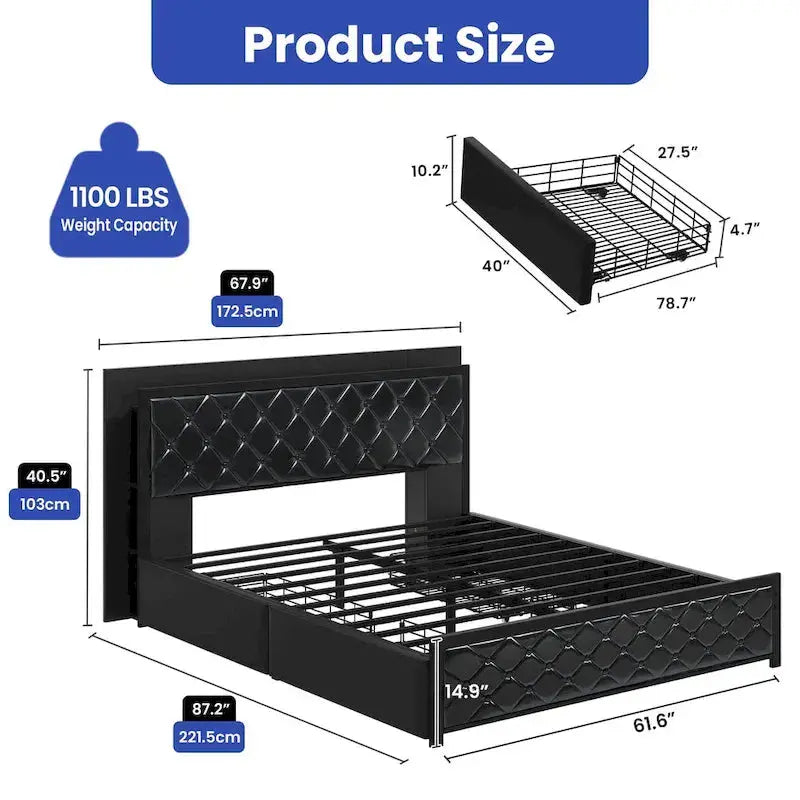 Moasis Queen Upholstered Faux Leather Platform Bed Frame With Headboard, 4 Storage Drawers, RGB LED Lights, USB-C Chargi