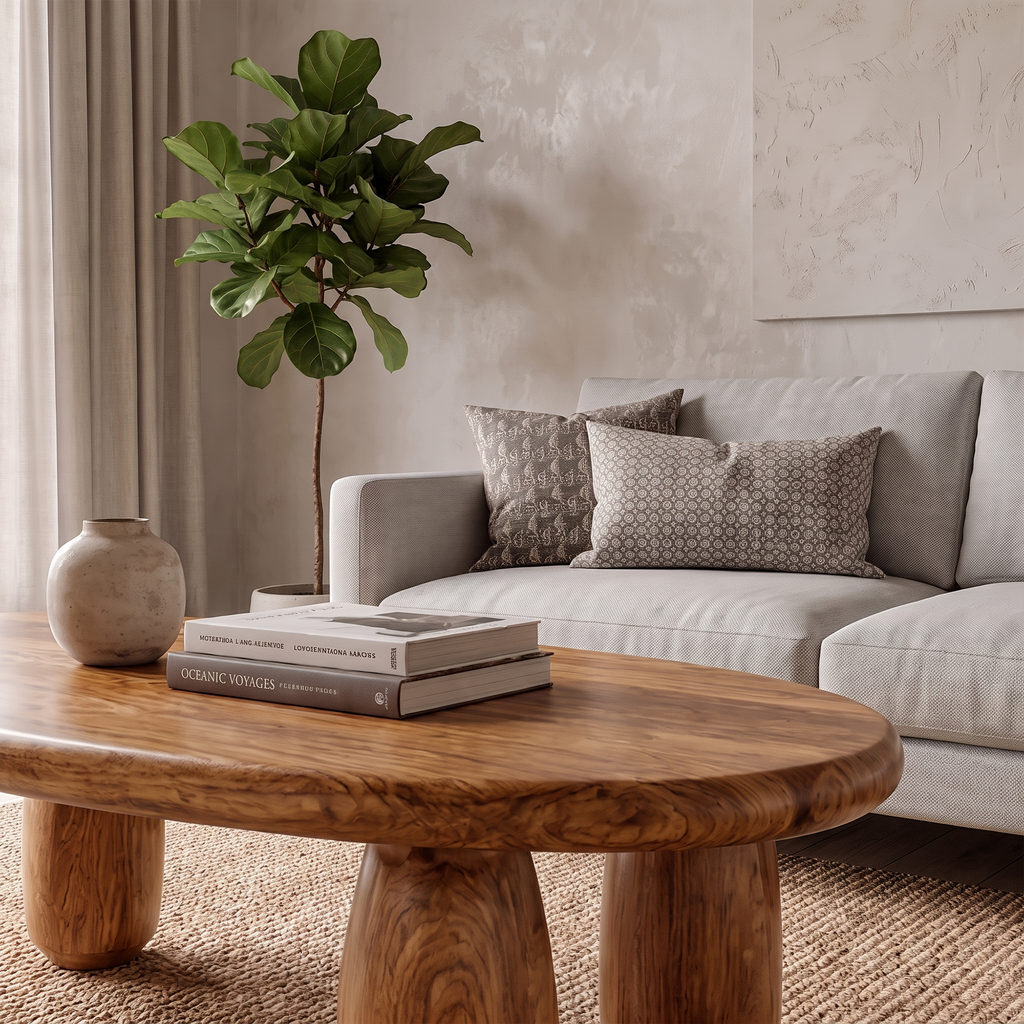 Natural Coffee Table With Organic Rounded Base For Living Room And Family Room