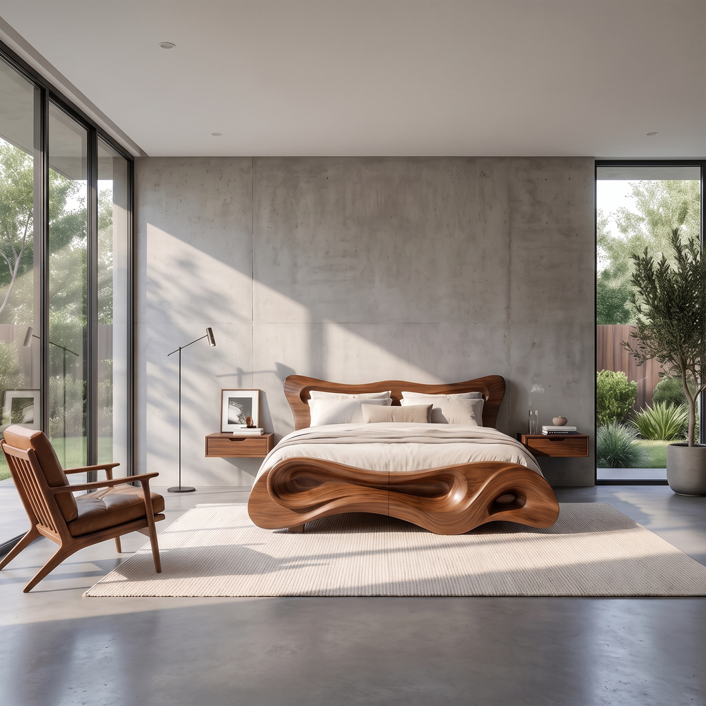 Modern Bed Frame With Wave Inspired Silhouette For Bedroom