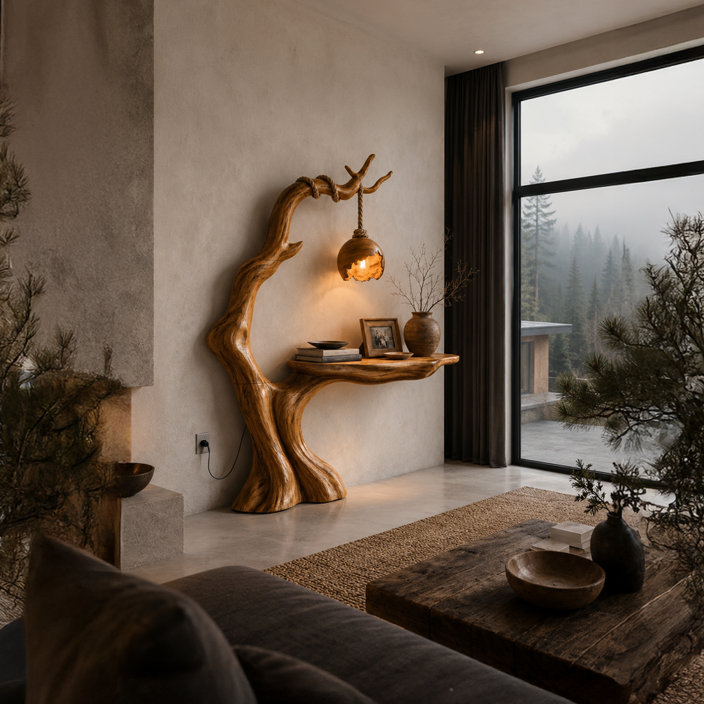 Organic Console Table With Tree Branch Floor Lamp Design For Entryway And Living Room