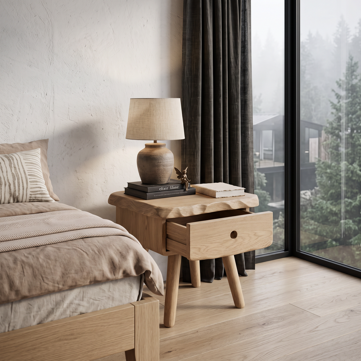 Scandinavian Solid Wood Bedside Table With Drawer