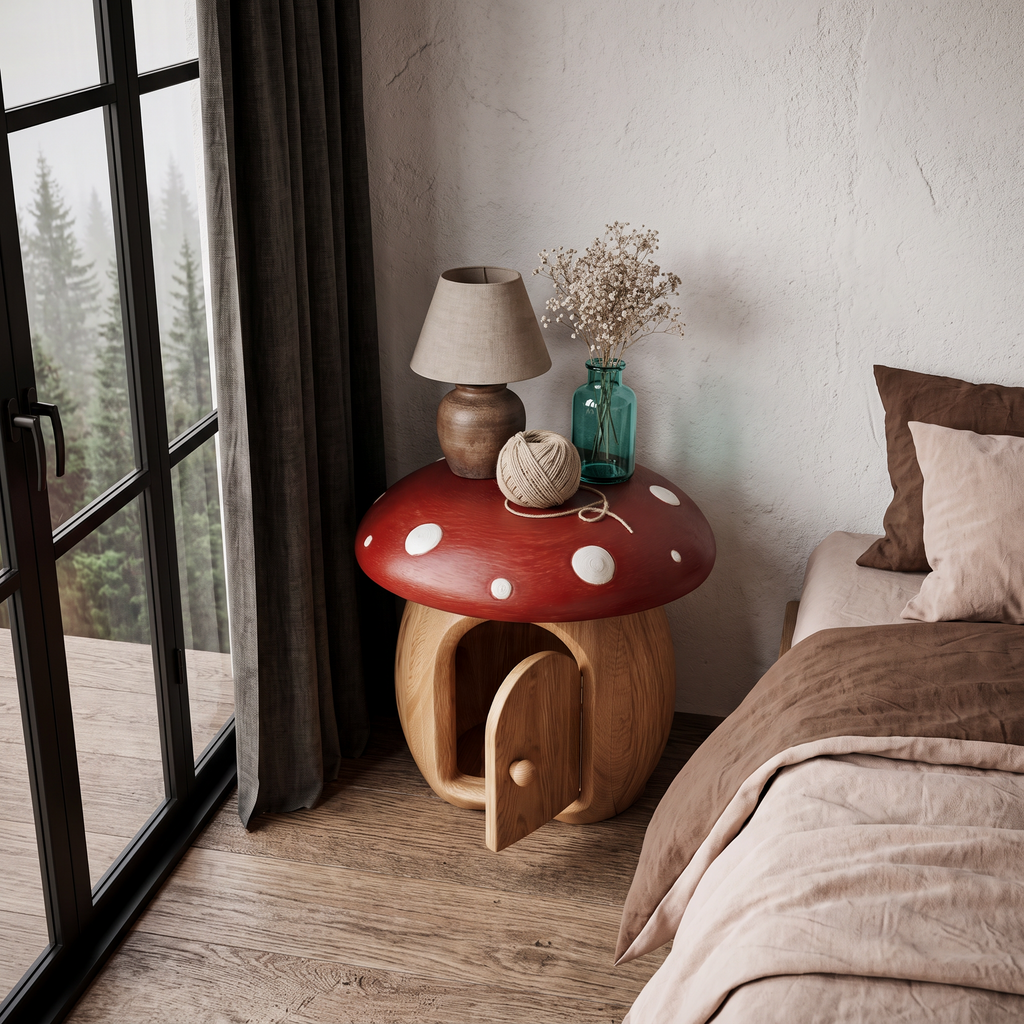 Whimsical Mushroom Bedside Table With Solid Wood Storage For Bedroom