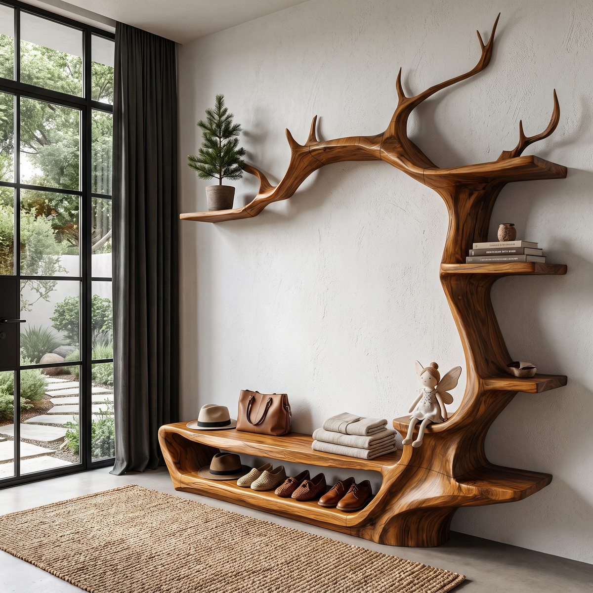 Rustic Tree Shoe Bench Wall Mounted Coat Rack For Entryway Hallway