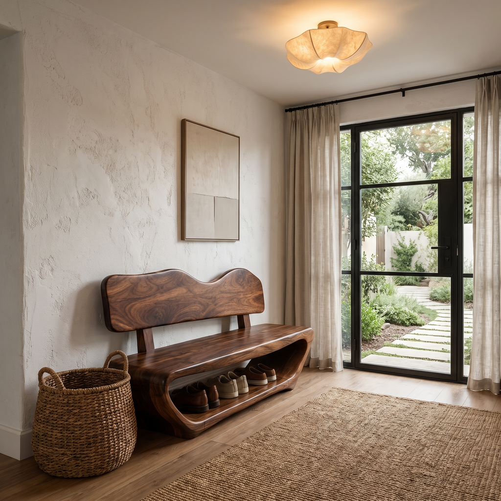 Rustic Sculptural Shoe Bench Organic Live Edge Design For Entryway Hallway