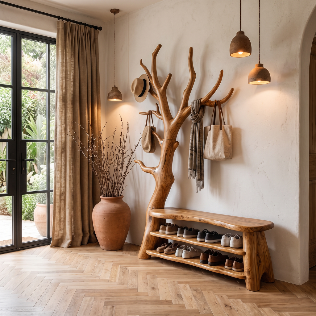 Sculptural Tree Shoe Bench Coat Rack Storage For Entryway Hallway