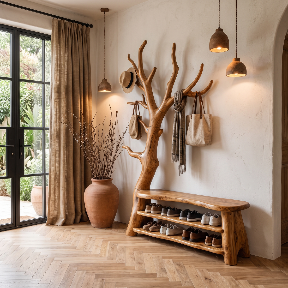 Sculptural Tree Shoe Bench Coat Rack Storage For Entryway Hallway