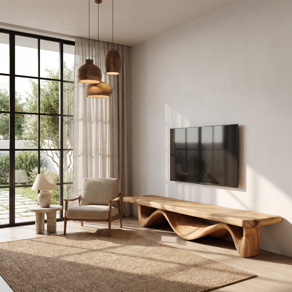 Organic Open Loop TV Cabinet Solid Wood Media Console For Living Room