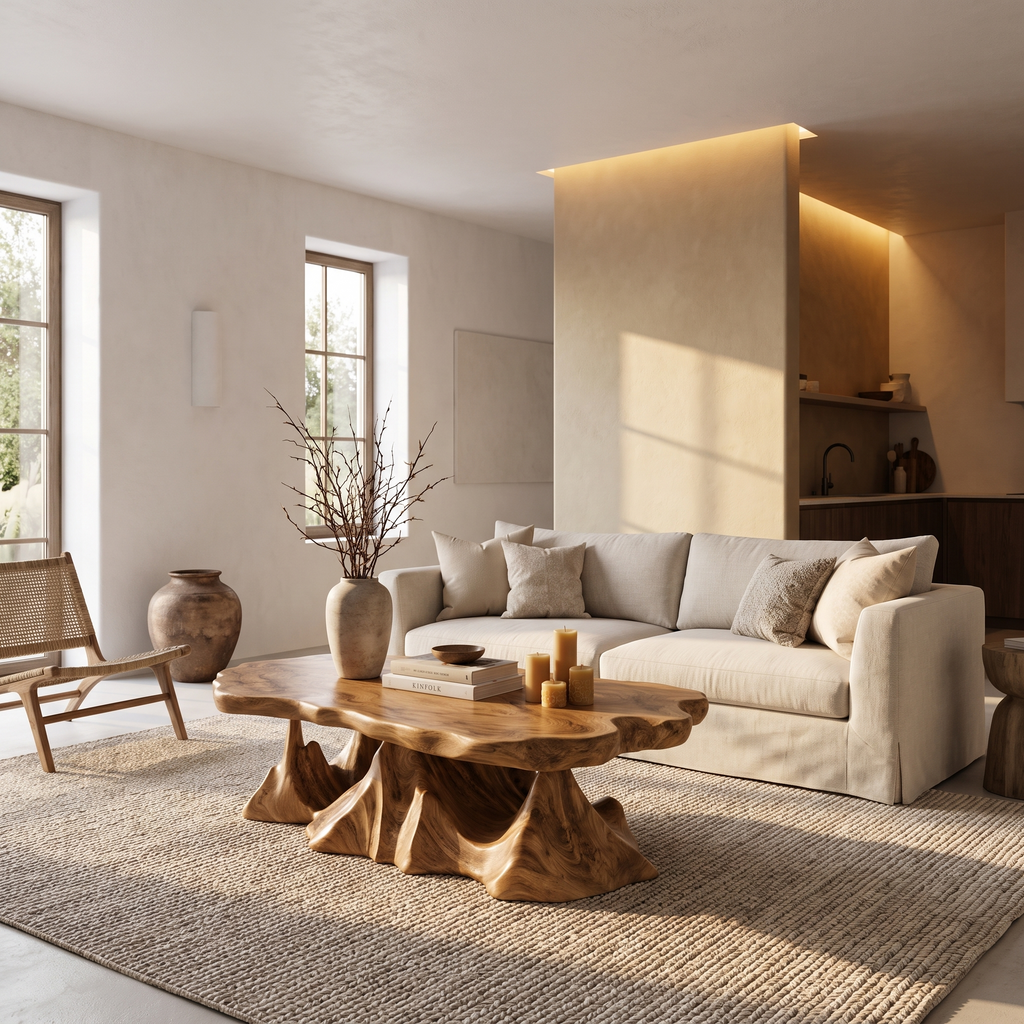 Rustic Coffee Table With Sculptural Wave Base For Living Room