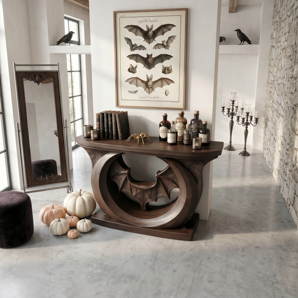 Contemporary Halloween Console Table With Sculptural Bat Design For Entryway And Living Room