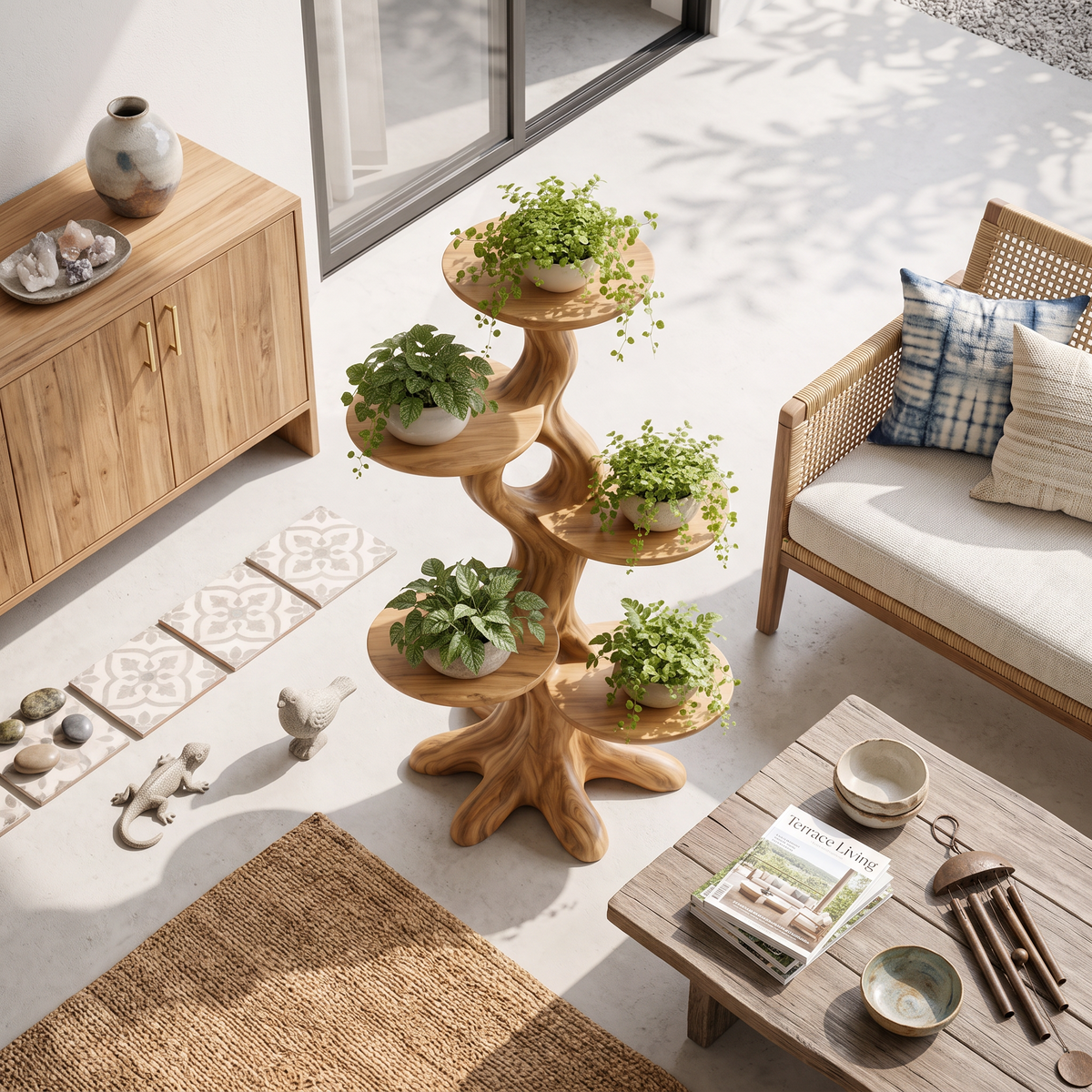 Natural Indoor Plant Stand With Flowing Tree Form For Living Room And Balcony