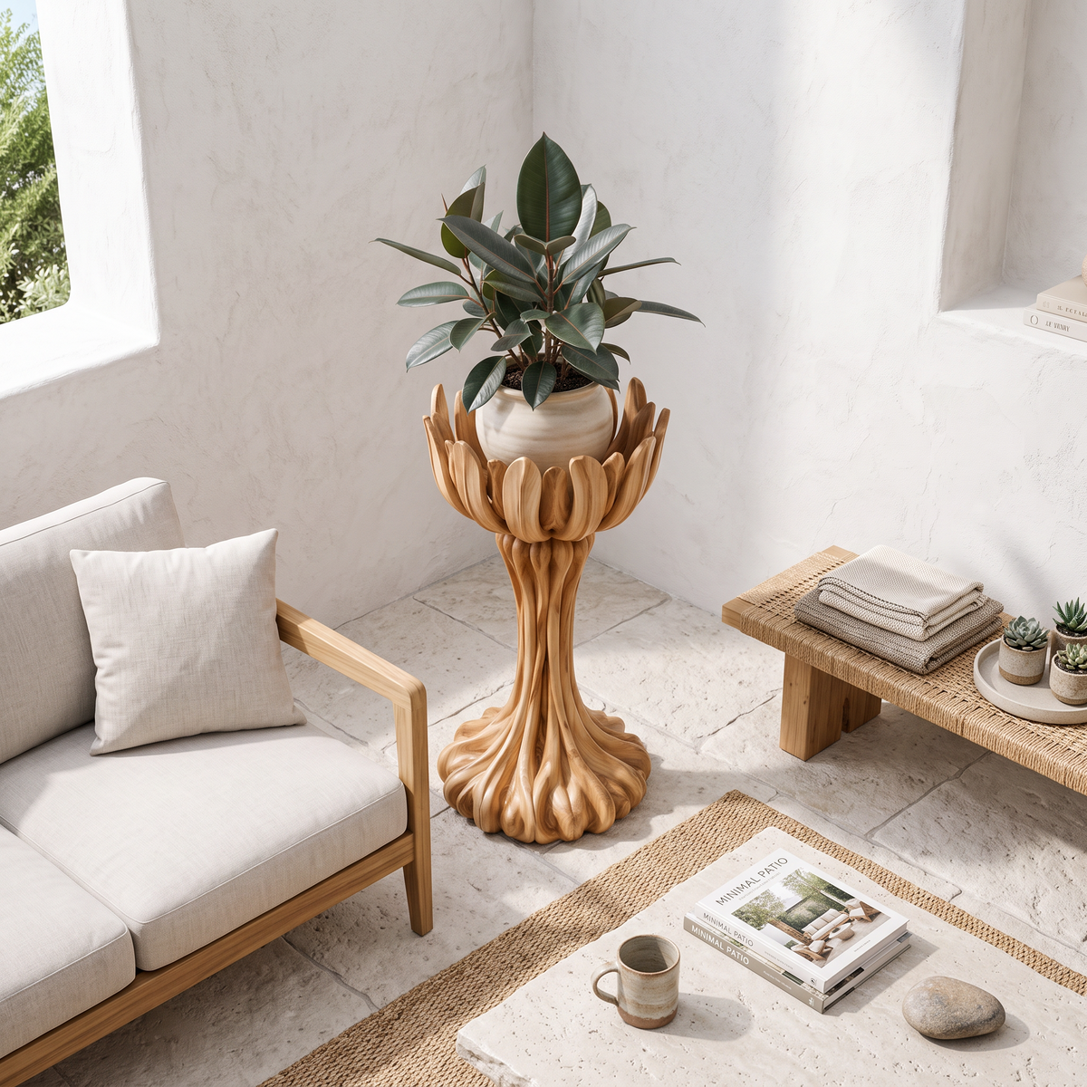 Natural Indoor Plant Stand With Artistic Tree Form For Living Room And Entryway