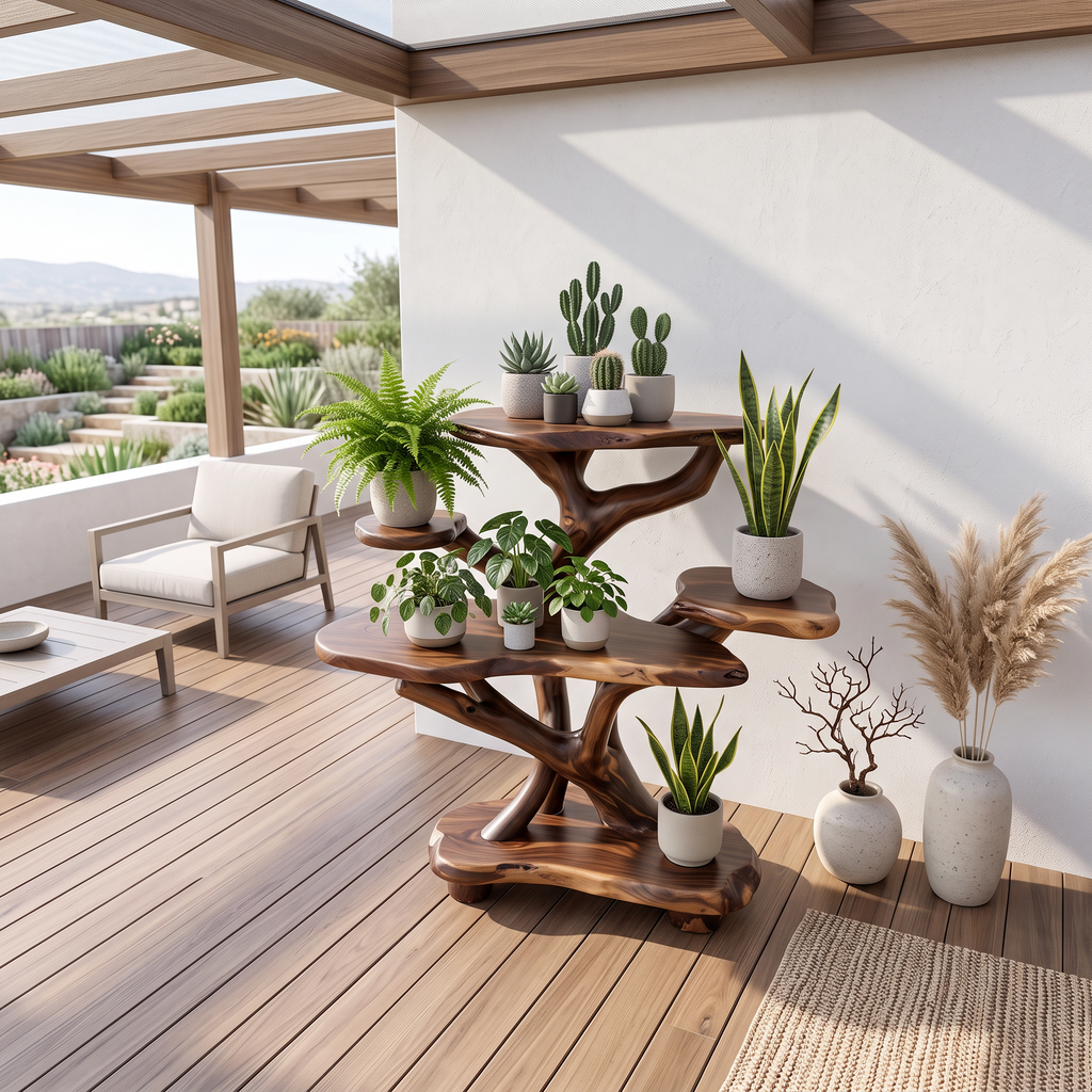 Rustic Sculptural Tree Plant Stand Multi Tier Display For Patio Garden