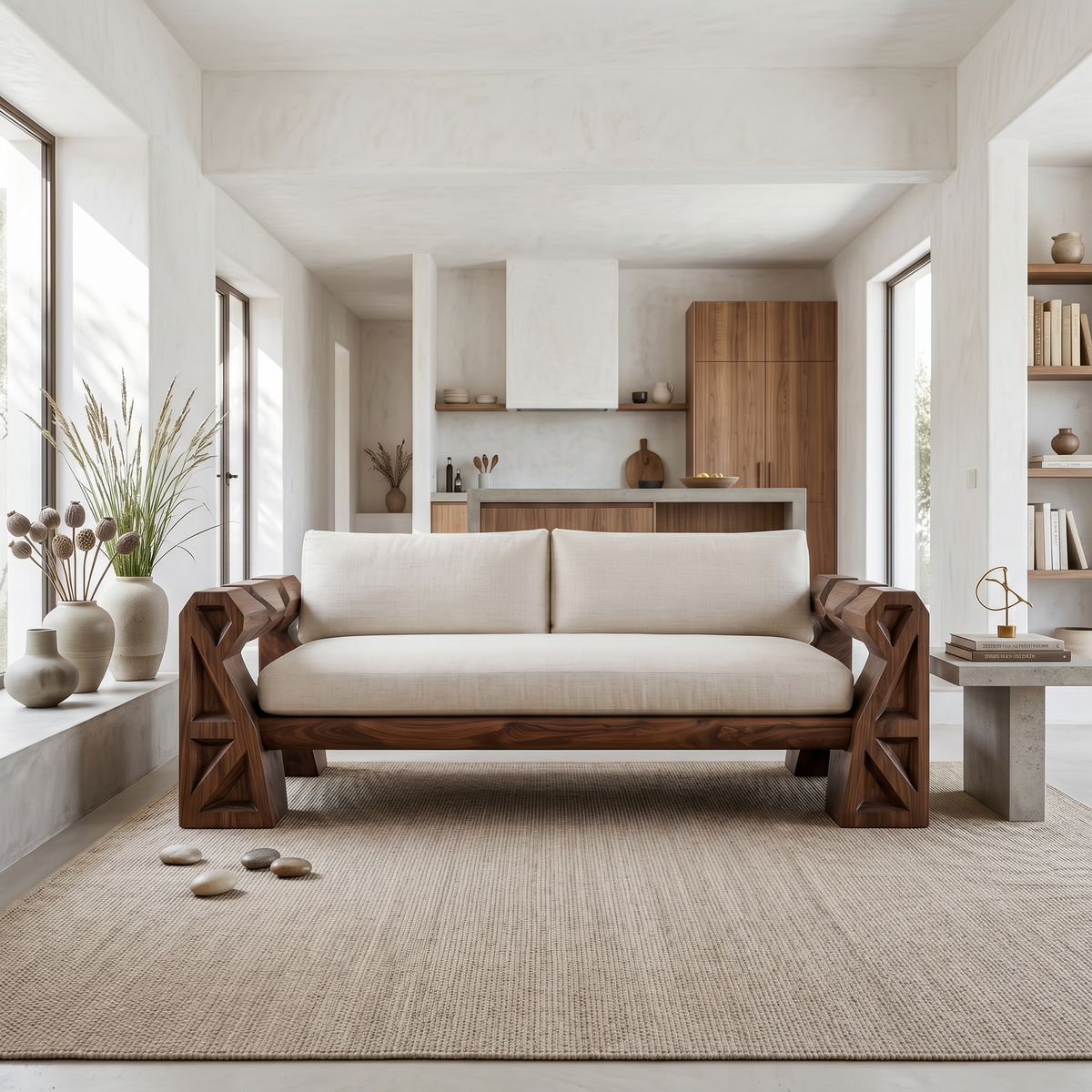 Handcrafted Sofa Frame With Sculptural Wood Armrests For Living Room