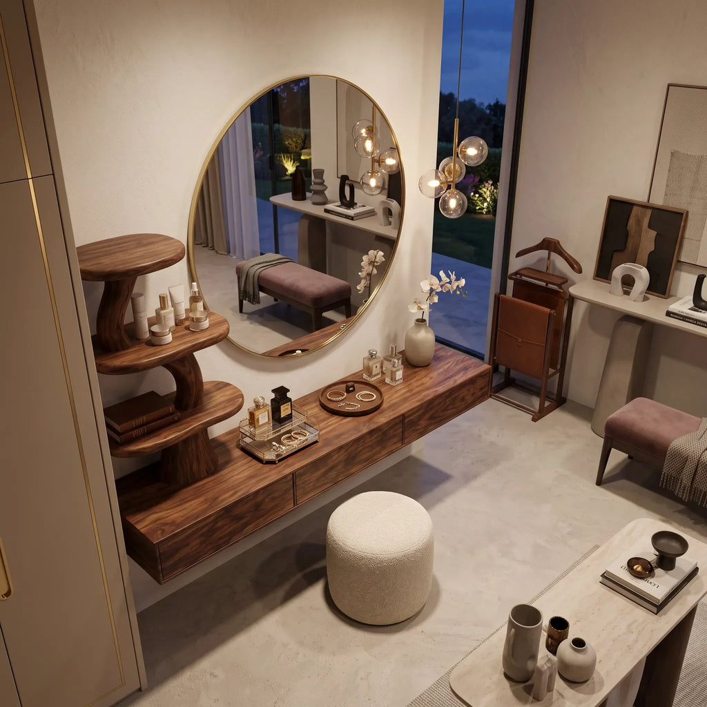 Organic Floating Makeup Vanity With Tree Form Shelve For Bedroom