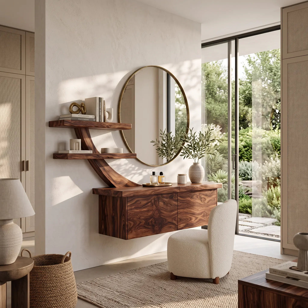 Contemporary Wall Mounted Dressing Table Sculptural Curved Shelving For Bedroom