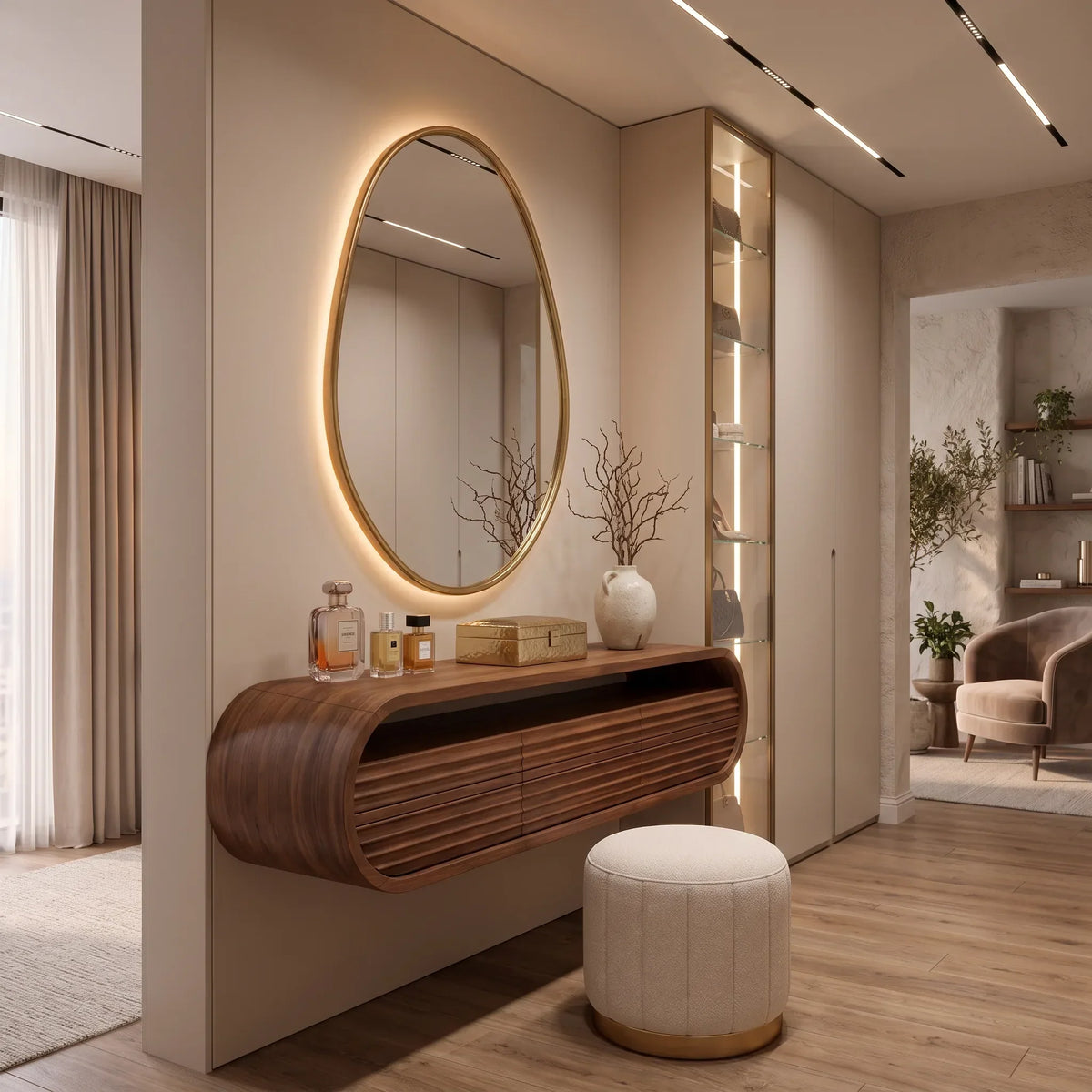 Modern Wall Mounted Dressing Table Carved Fluted Drawers For Bedroom