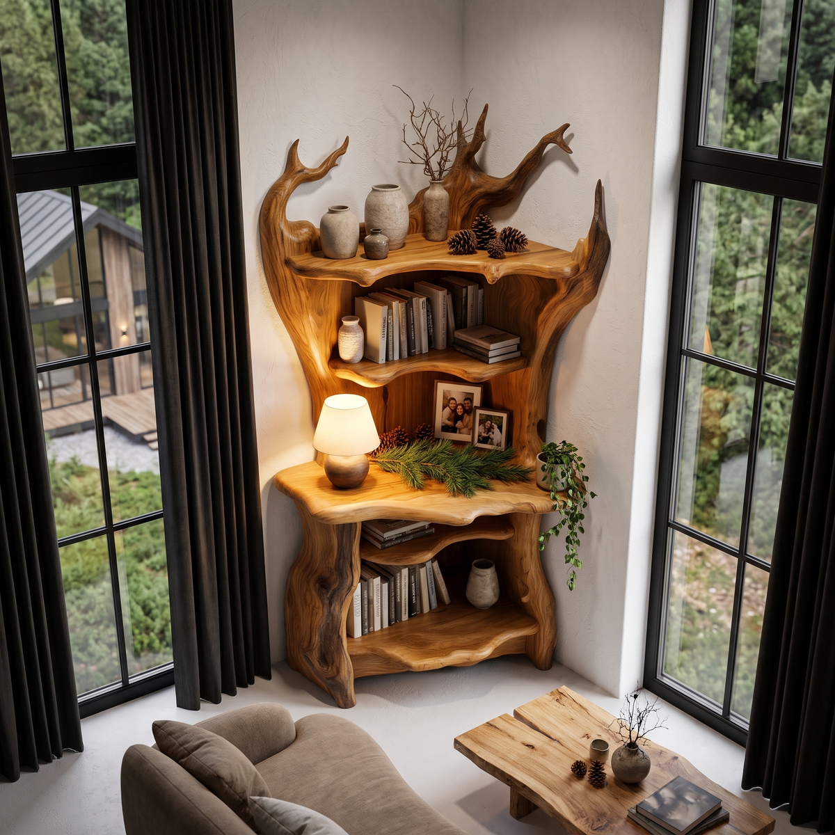 Rustic Corner Bookcase With Live Edge Shelves For Reading Nook