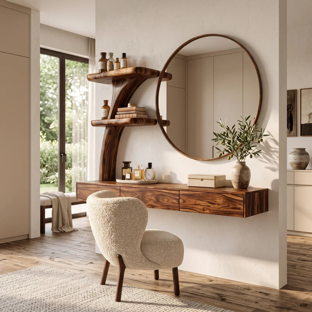 Contemporary Wall Mounted Dressing Table Curved Tree Form Shelving For Bedroom