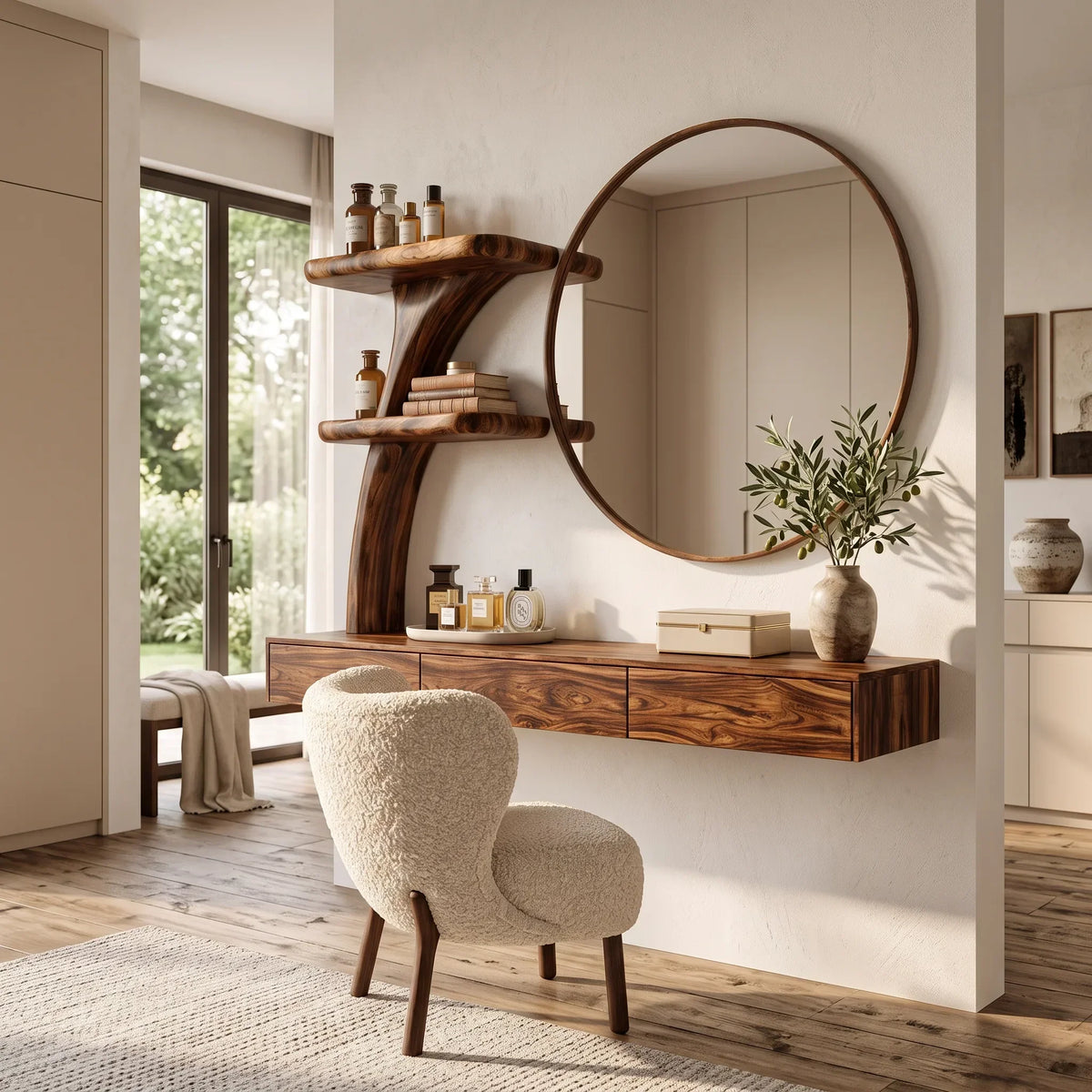 Contemporary Wall Mounted Dressing Table Curved Tree Form Shelving For Bedroom