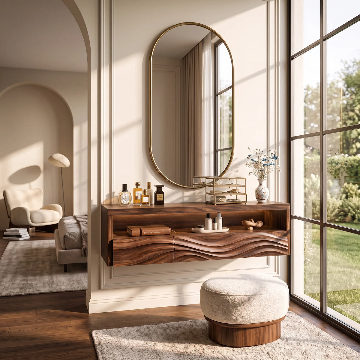Sculptural Wall Mounted Makeup Vanity Wave Carved Drawers For Bedroom