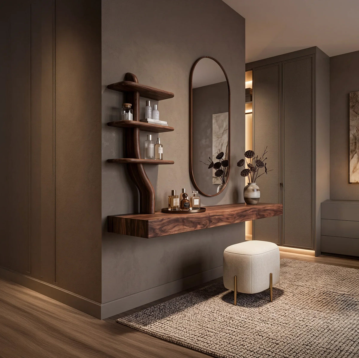 Wall Mounted Makeup Vanity With Tree Form Shelving For Bedroom