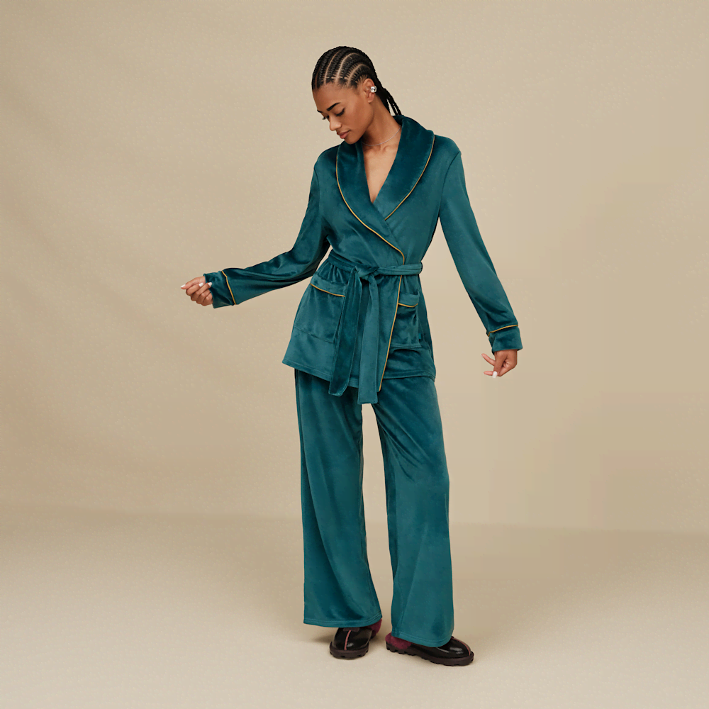 Women's Velvet Wrap Top And Straight Leg Pant Set