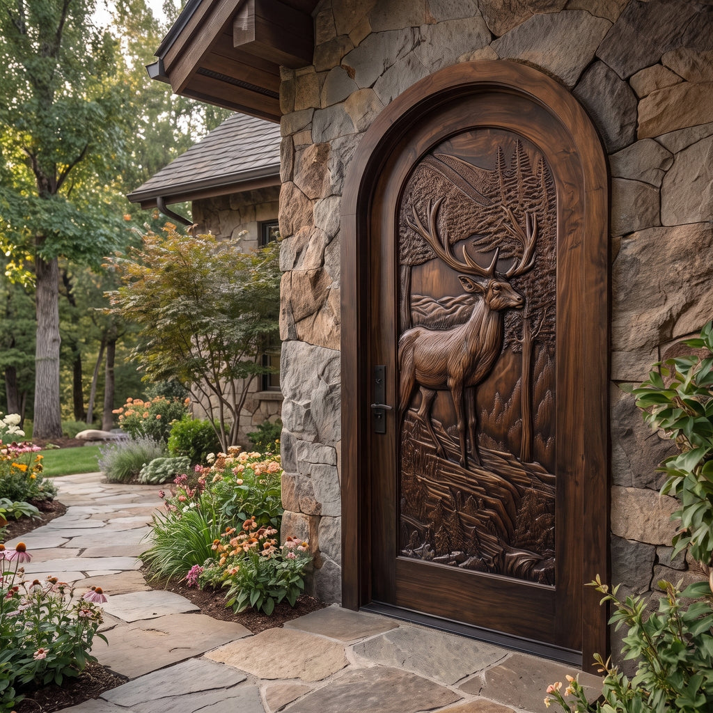 Highcrest Handcrafted Solid Wood Deer Landscape Arched Single Door