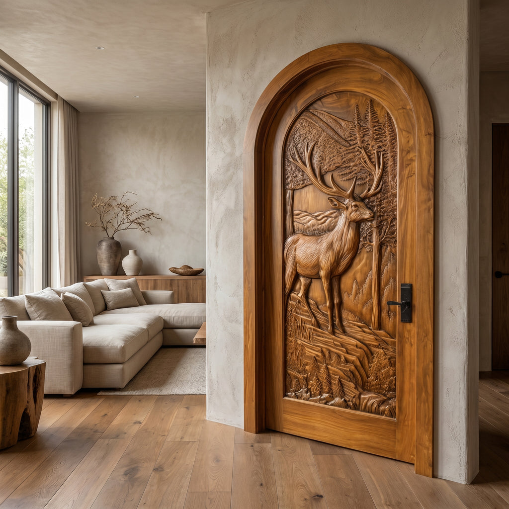 Highcrest Handcrafted Solid Wood Deer Landscape Arched Single Door