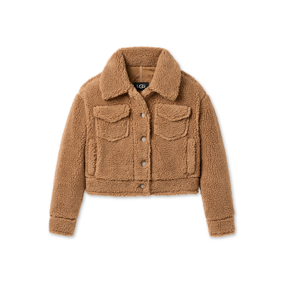 Women's Short Plush Fleece Trucker Jacket - Cobble Grey