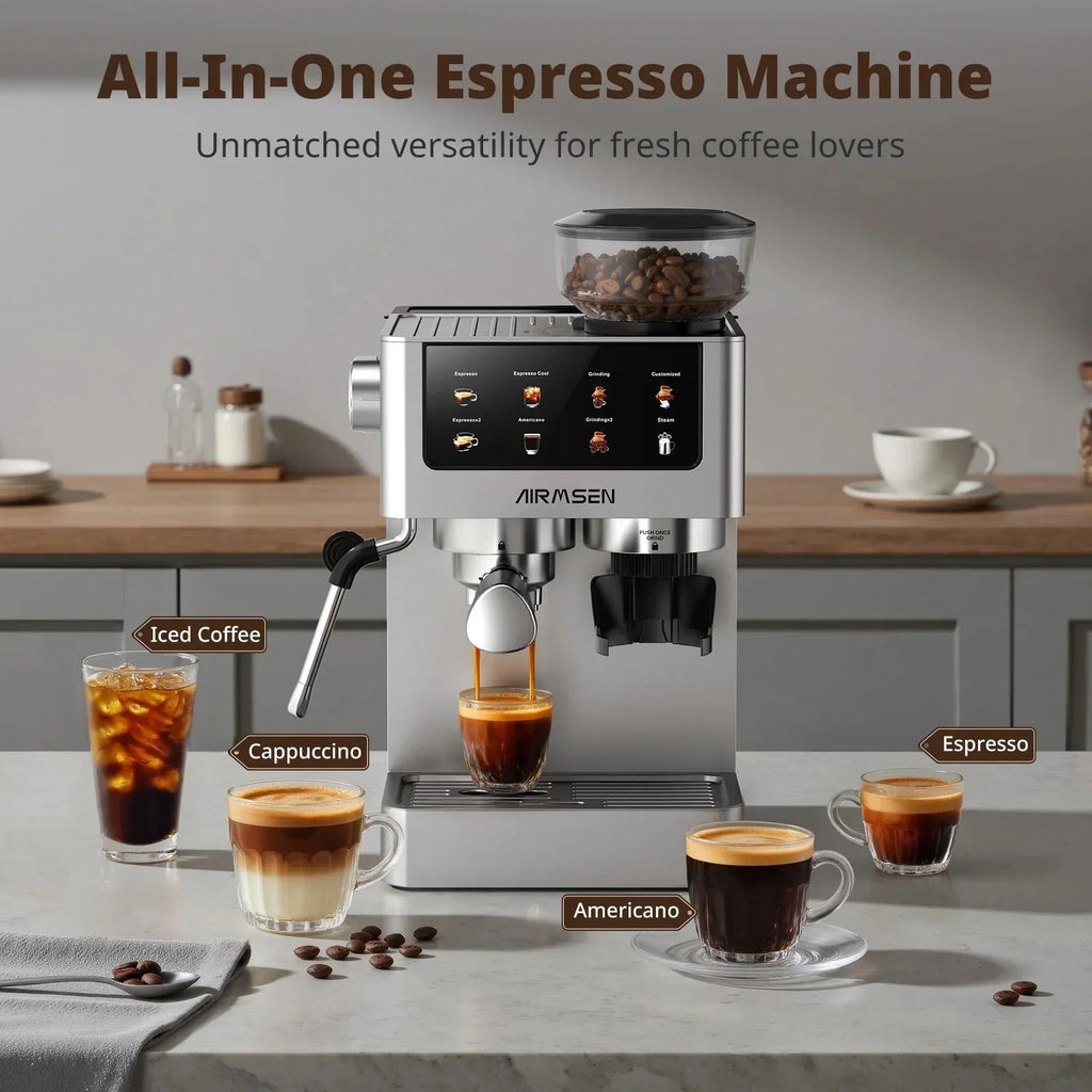 AIRMSEN Espresso Machine With Grinder, 20-Bar, 1350W, 63oz, Brushed Stainless Steel