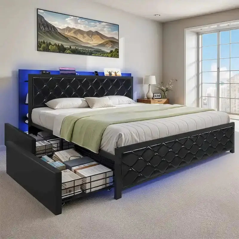 Moasis Queen Upholstered Faux Leather Platform Bed Frame With Headboard, 4 Storage Drawers, RGB LED Lights, USB-C Chargi