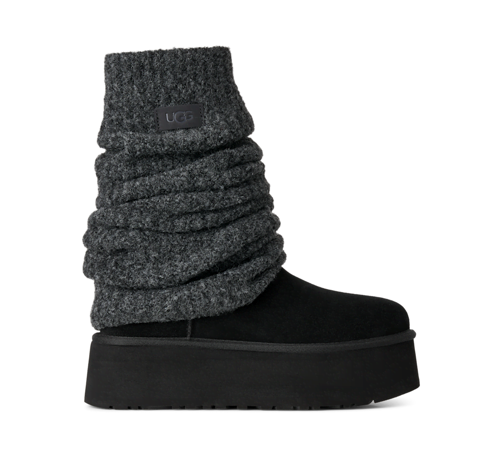 Women's Platform Boot With Knit Leg Warmer - Black