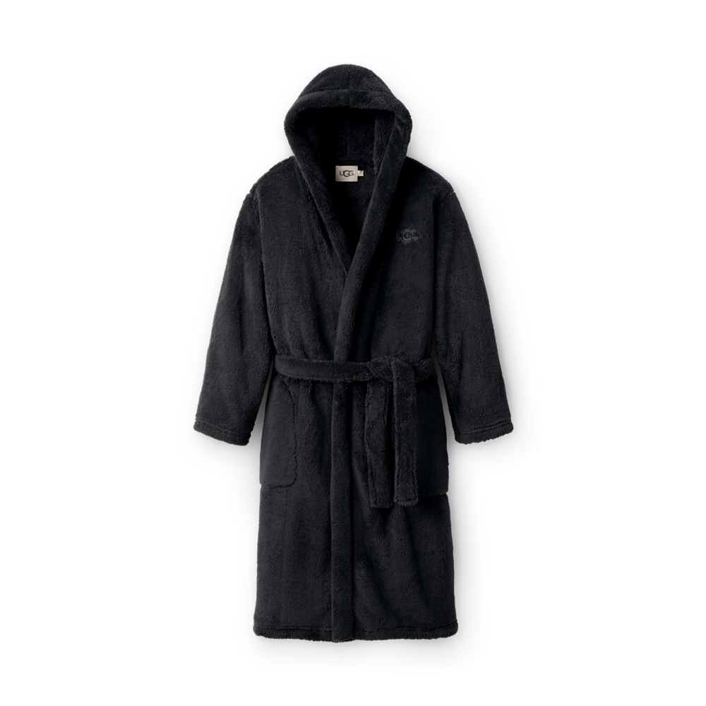 Men's Hooded Plush Fleece Robe - Black