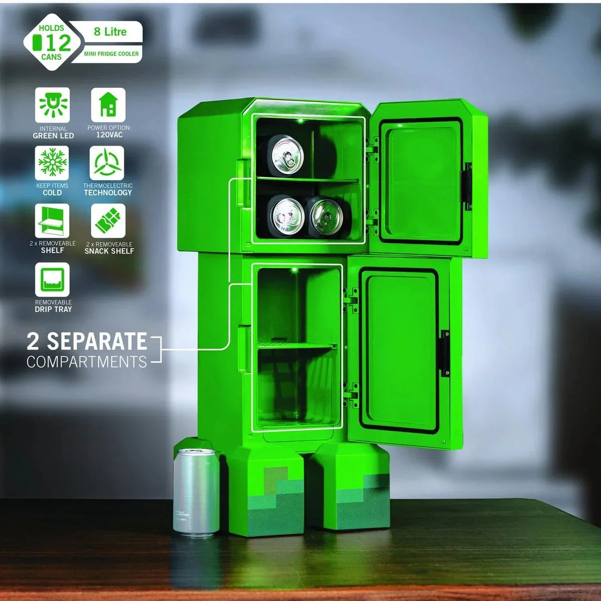 Minecraft Creeper 2 Door Mini Fridge, 8L, Green, 25.2 in H x 9.5 in W x 9.1 in D