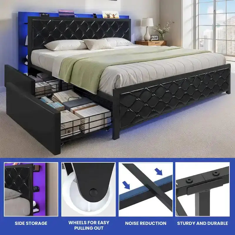 Moasis Queen Upholstered Faux Leather Platform Bed Frame With Headboard, 4 Storage Drawers, RGB LED Lights, USB-C Chargi