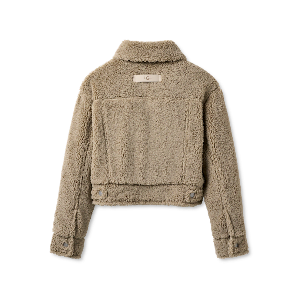 Women's Short Plush Fleece Trucker Jacket - Cobble Grey