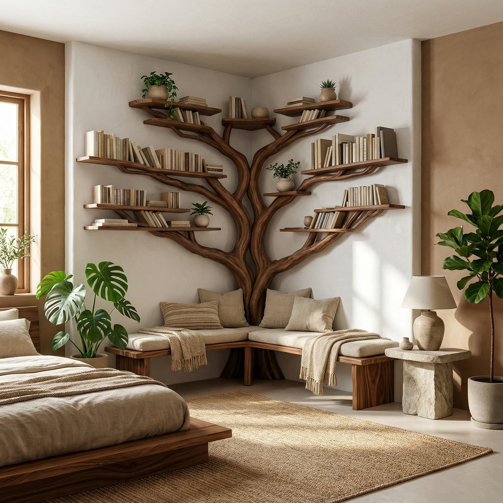 Tree Floating Corner Bookshelf With Corner Bench Lshaped