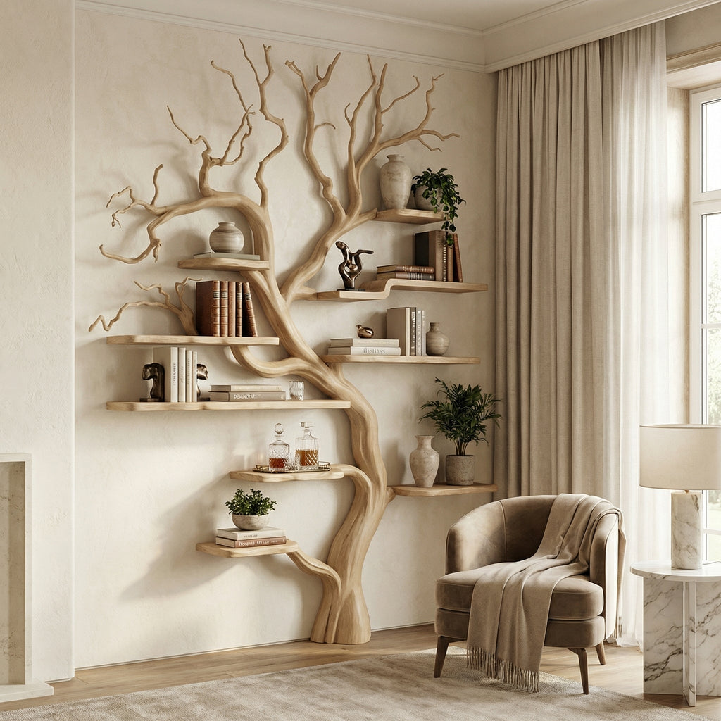 Rustic Tree Branch Bookshelf Living Wall