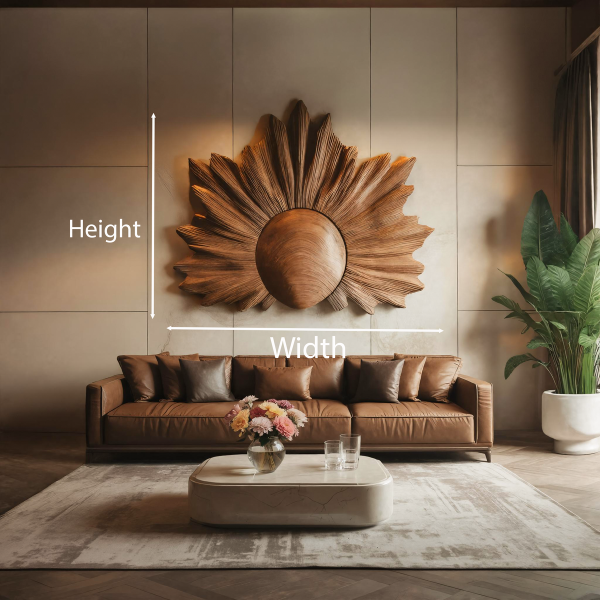 Sculptural Wall Art With Sunburst Carved Design For Living Room